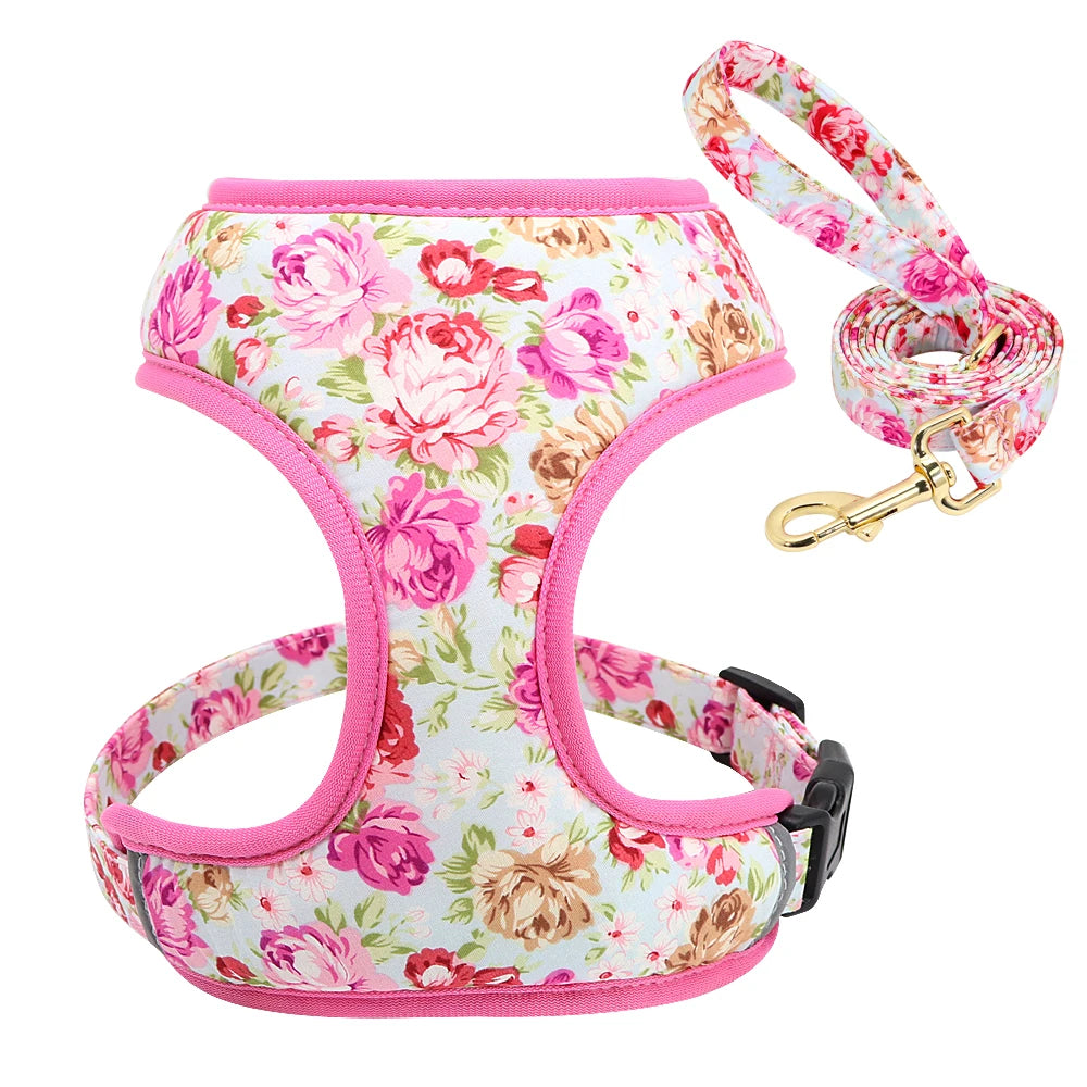 Harnais-gilet en nylon pour chien et chat, avec laisse rembourrée et respirante, imprimé floral, pour chiens et chats de petite, moyenne et grande taille.