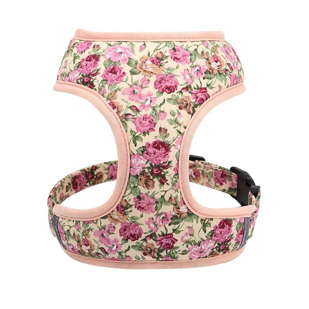 Harnais-gilet en nylon pour chien et chat, avec laisse rembourrée et respirante, imprimé floral, pour chiens et chats de petite, moyenne et grande taille.