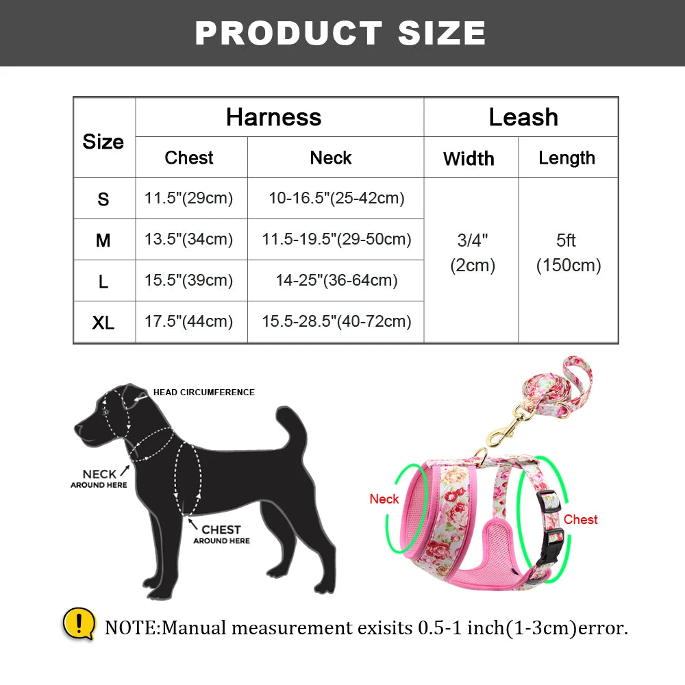 Harnais-gilet en nylon pour chien et chat, avec laisse rembourrée et respirante, imprimé floral, pour chiens et chats de petite, moyenne et grande taille.