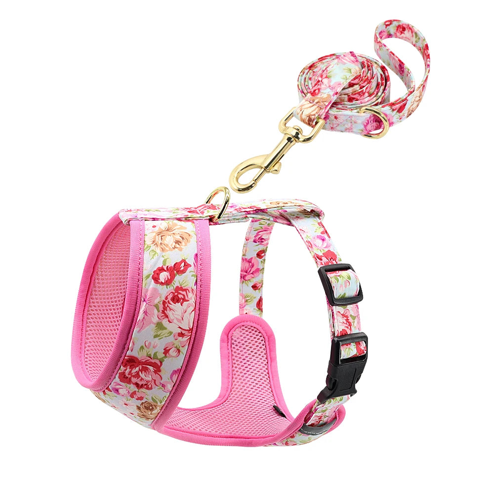 Harnais-gilet en nylon pour chien et chat, avec laisse rembourrée et respirante, imprimé floral, pour chiens et chats de petite, moyenne et grande taille.