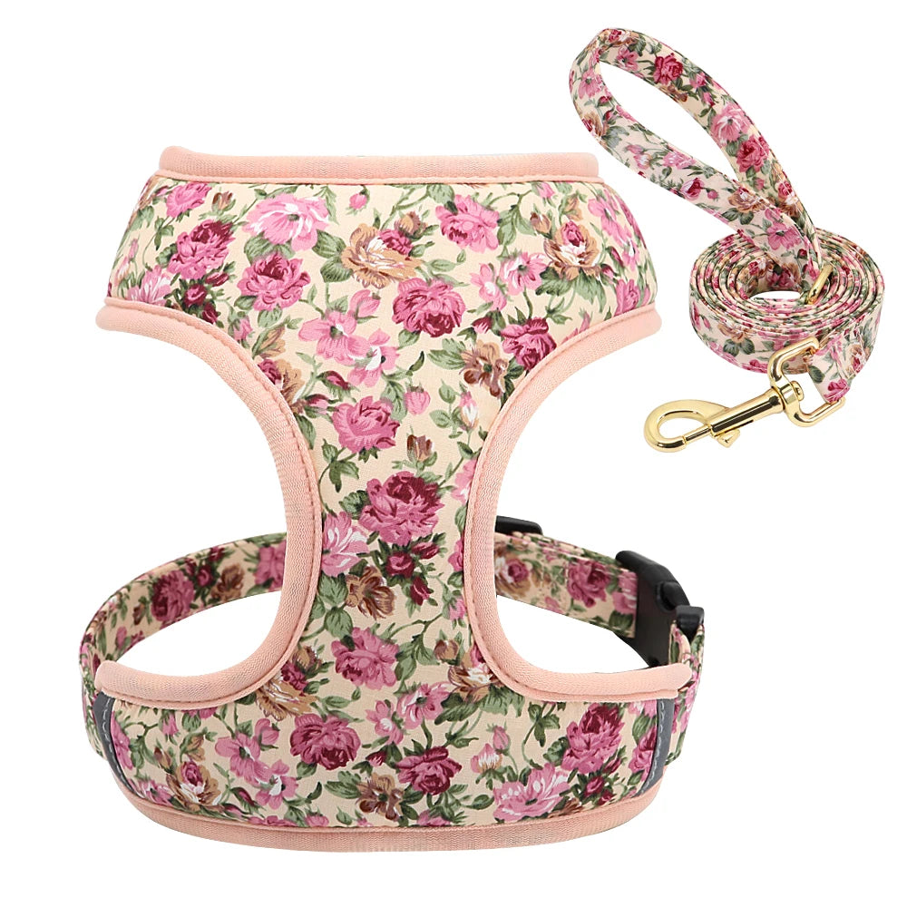 Harnais-gilet en nylon pour chien et chat, avec laisse rembourrée et respirante, imprimé floral, pour chiens et chats de petite, moyenne et grande taille.