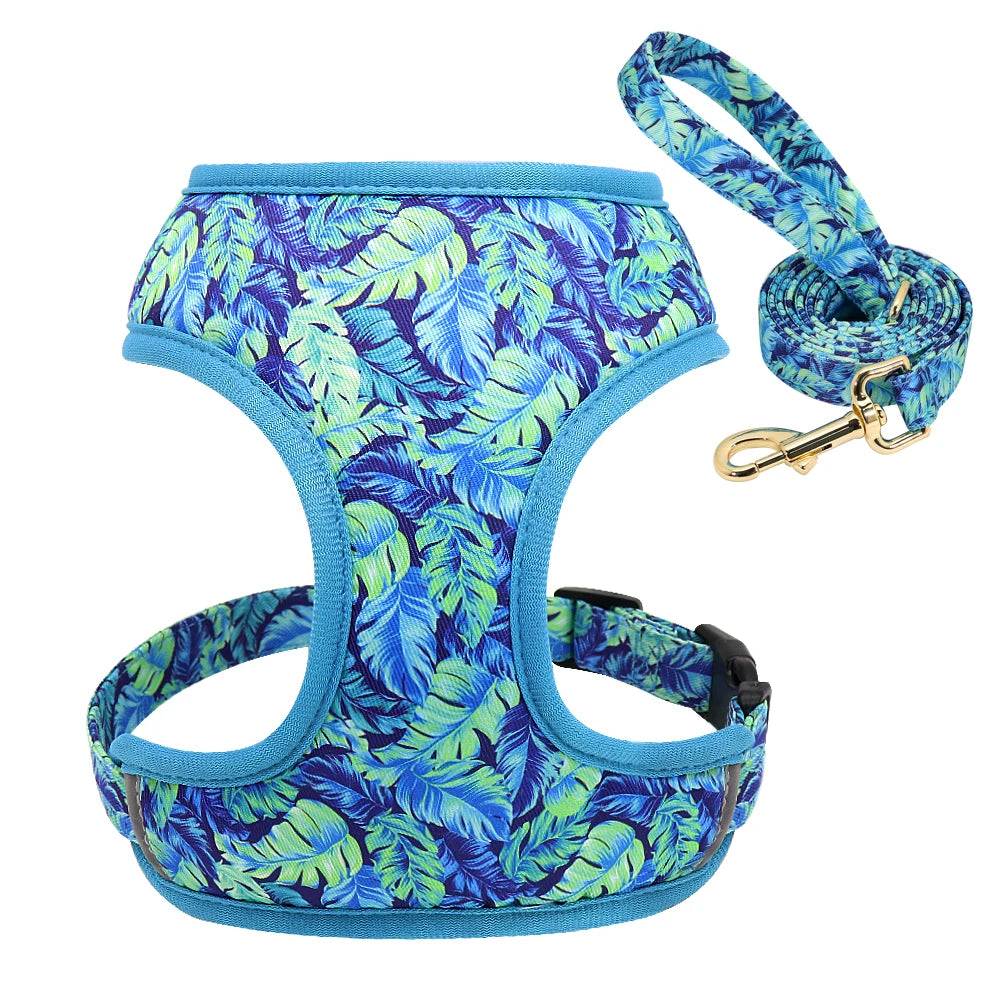 Harnais-gilet en nylon pour chien et chat, avec laisse rembourrée et respirante, imprimé floral, pour chiens et chats de petite, moyenne et grande taille.