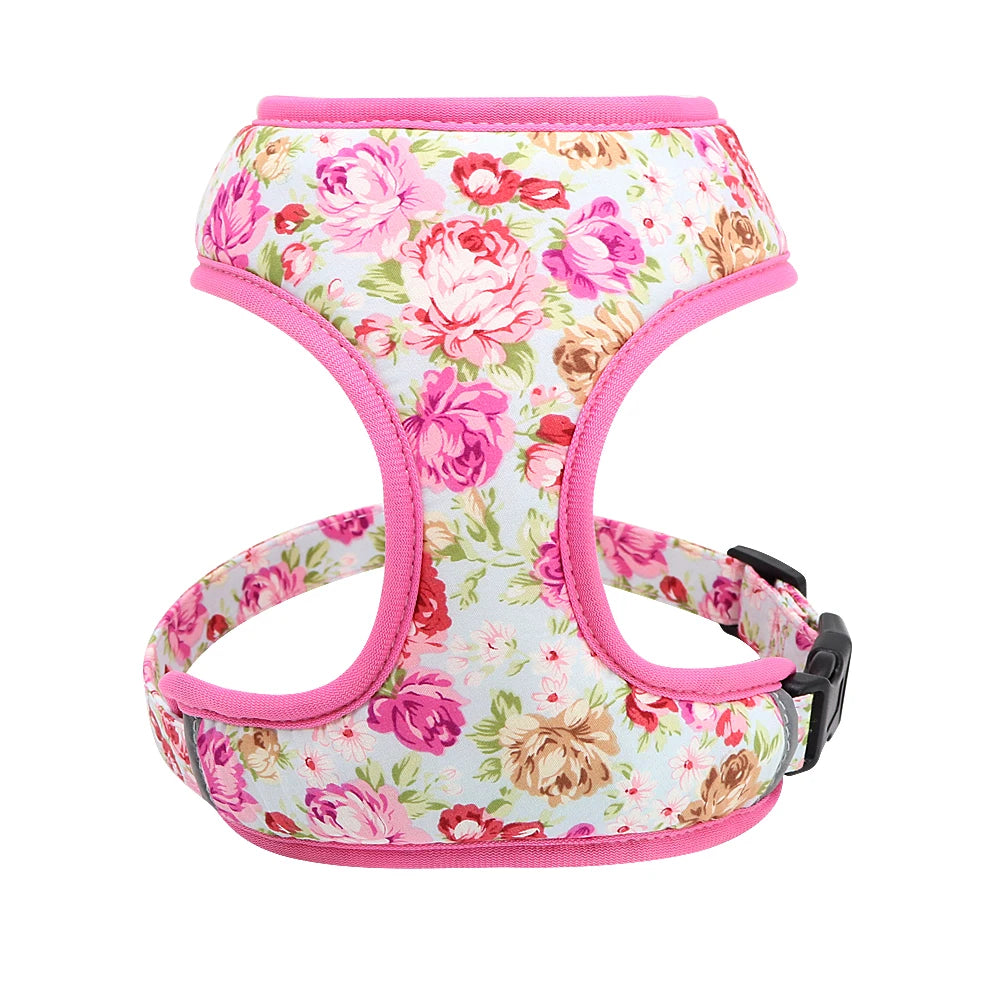 Harnais-gilet en nylon pour chien et chat, avec laisse rembourrée et respirante, imprimé floral, pour chiens et chats de petite, moyenne et grande taille.