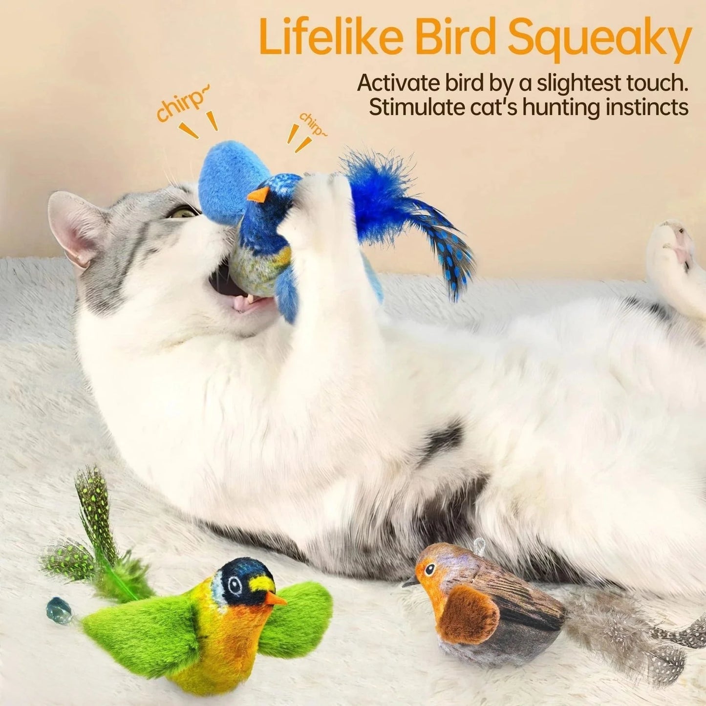 Un jouet pour chat en forme d'oiseau réaliste qui émet des gazouillis ; un jouet à plumes suspendu, résistant et anti-morsures, pour le plus grand plaisir des chats.