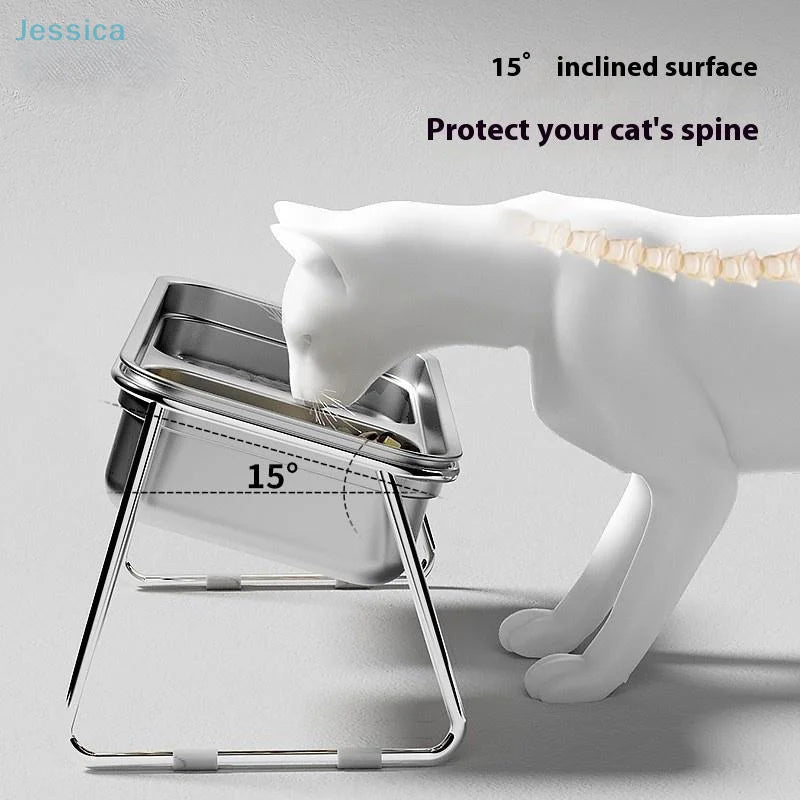 ♥Gamelle double compartiment en acier inoxydable inclinée pour chats et chiens, idéale pour prévenir la spondylose cervicale.
