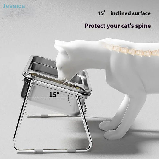 ♥Gamelle double compartiment en acier inoxydable inclinée pour chats et chiens, idéale pour prévenir la spondylose cervicale.