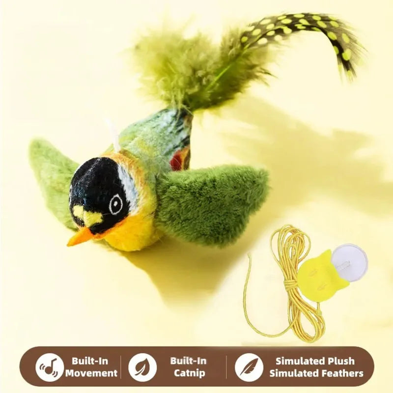 Un jouet pour chat en forme d'oiseau réaliste qui émet des gazouillis ; un jouet à plumes suspendu, résistant et anti-morsures, pour le plus grand plaisir des chats.