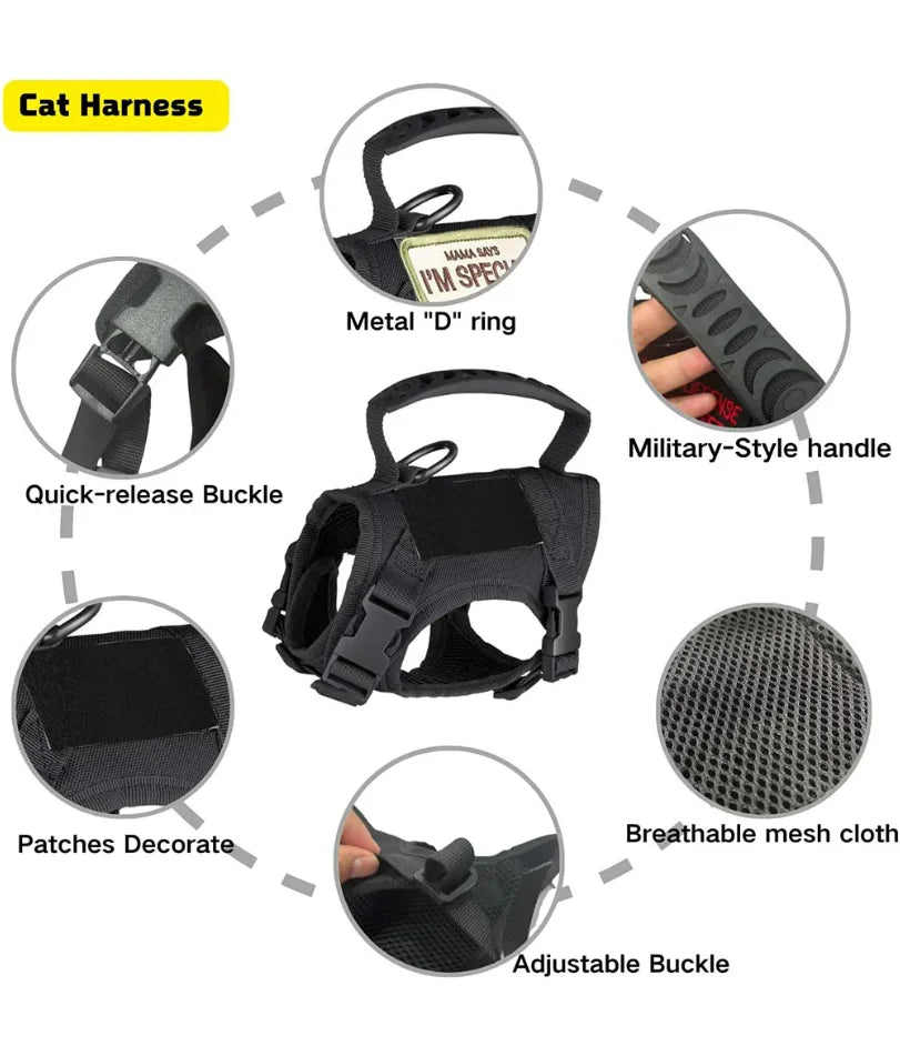 Harnais tactique pour chat et chien avec laisse, idéal pour le travail. Gilet ajustable pour animaux de compagnie, sangles en maille douce pour l'entraînement des chiots et poignées, adapté aux grands chats.