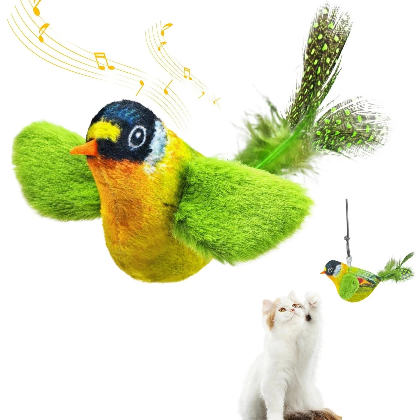 Un jouet pour chat en forme d'oiseau réaliste qui émet des gazouillis ; un jouet à plumes suspendu, résistant et anti-morsures, pour le plus grand plaisir des chats.