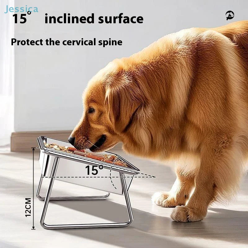 ♥Gamelle double compartiment en acier inoxydable inclinée pour chats et chiens, idéale pour prévenir la spondylose cervicale.