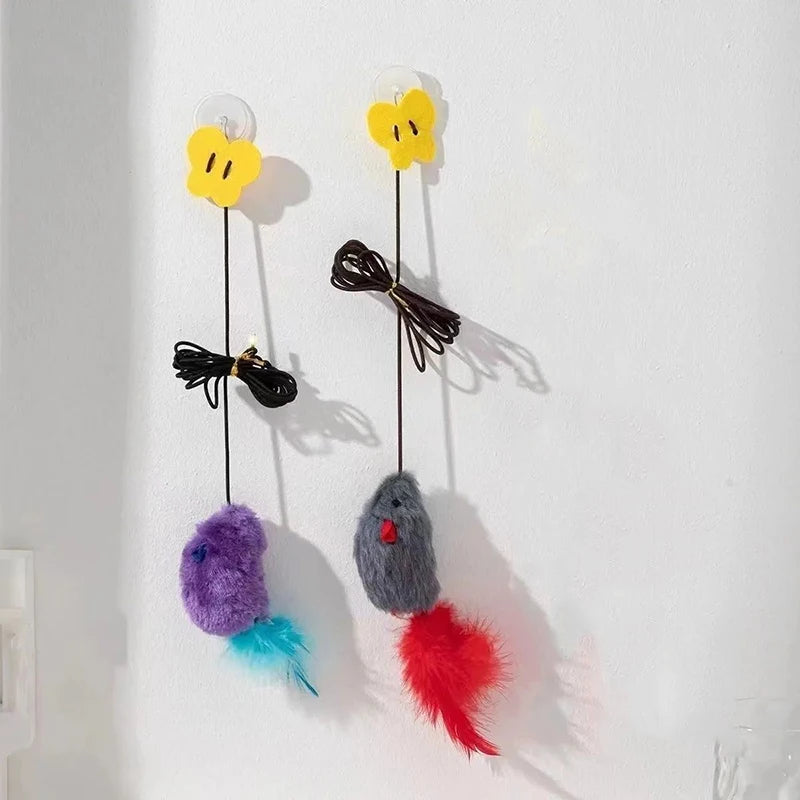 Jouet pour chat en forme de souris à plumes, résistant aux morsures, pour jouer seul et soulager l'ennui ; baguette à plumes suspendue.
