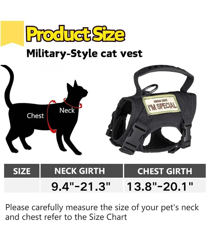 Harnais tactique pour chat et chien avec laisse, idéal pour le travail. Gilet ajustable pour animaux de compagnie, sangles en maille douce pour l'entraînement des chiots et poignées, adapté aux grands chats.