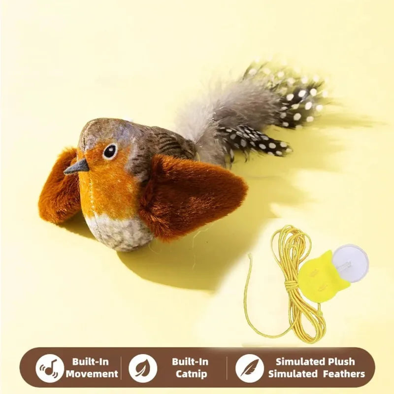 Un jouet pour chat en forme d'oiseau réaliste qui émet des gazouillis ; un jouet à plumes suspendu, résistant et anti-morsures, pour le plus grand plaisir des chats.