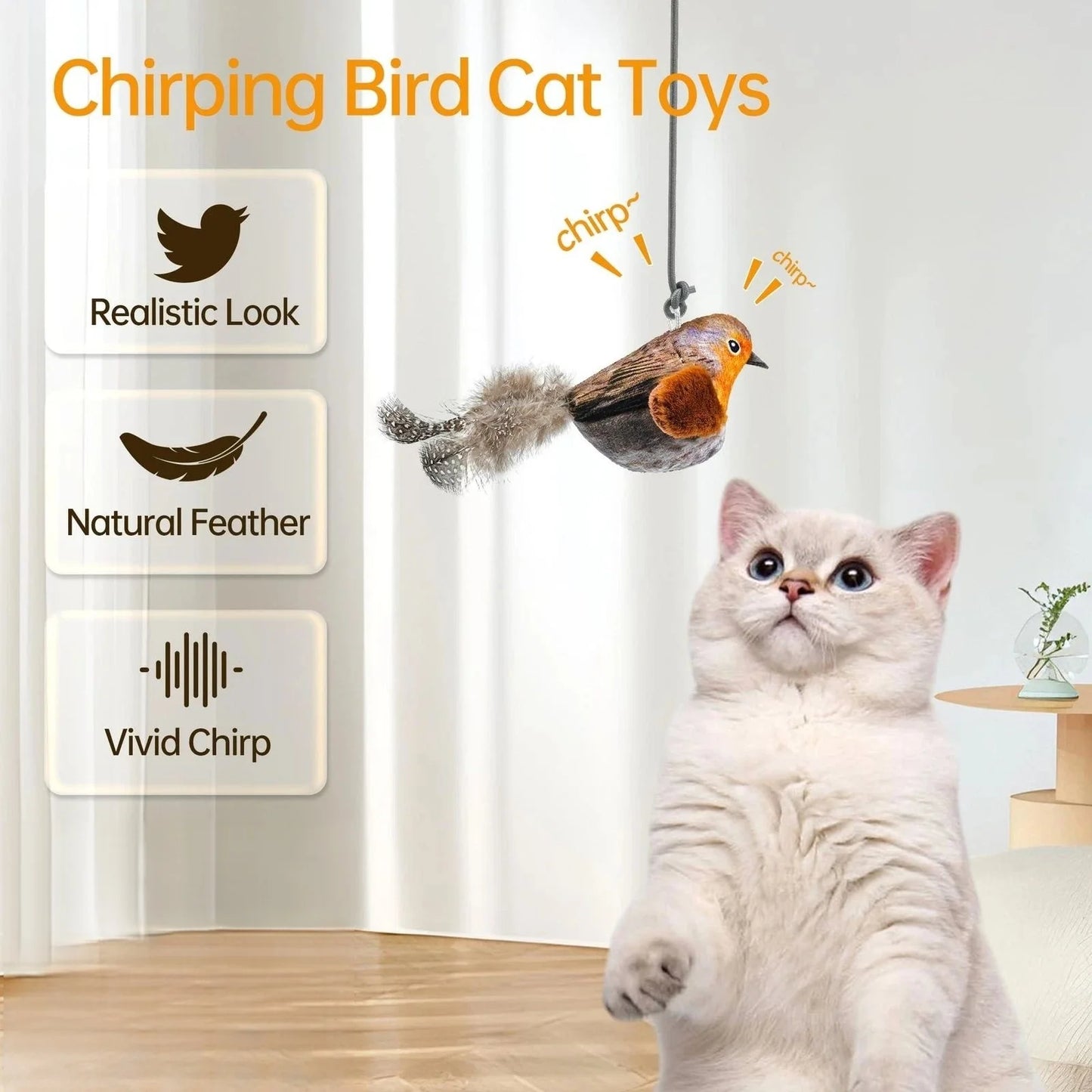 Un jouet pour chat en forme d'oiseau réaliste qui émet des gazouillis ; un jouet à plumes suspendu, résistant et anti-morsures, pour le plus grand plaisir des chats.