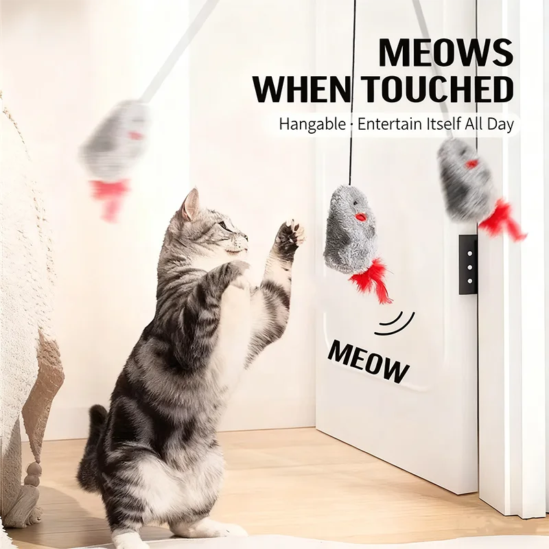Jouet pour chat en forme de souris à plumes, résistant aux morsures, pour jouer seul et soulager l'ennui ; baguette à plumes suspendue.